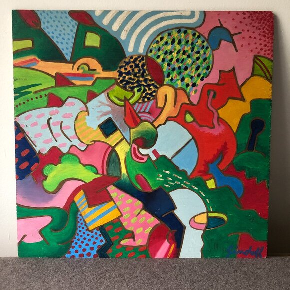 Dynamic painting on wood panel by LA outsider artist Howard Gindoff